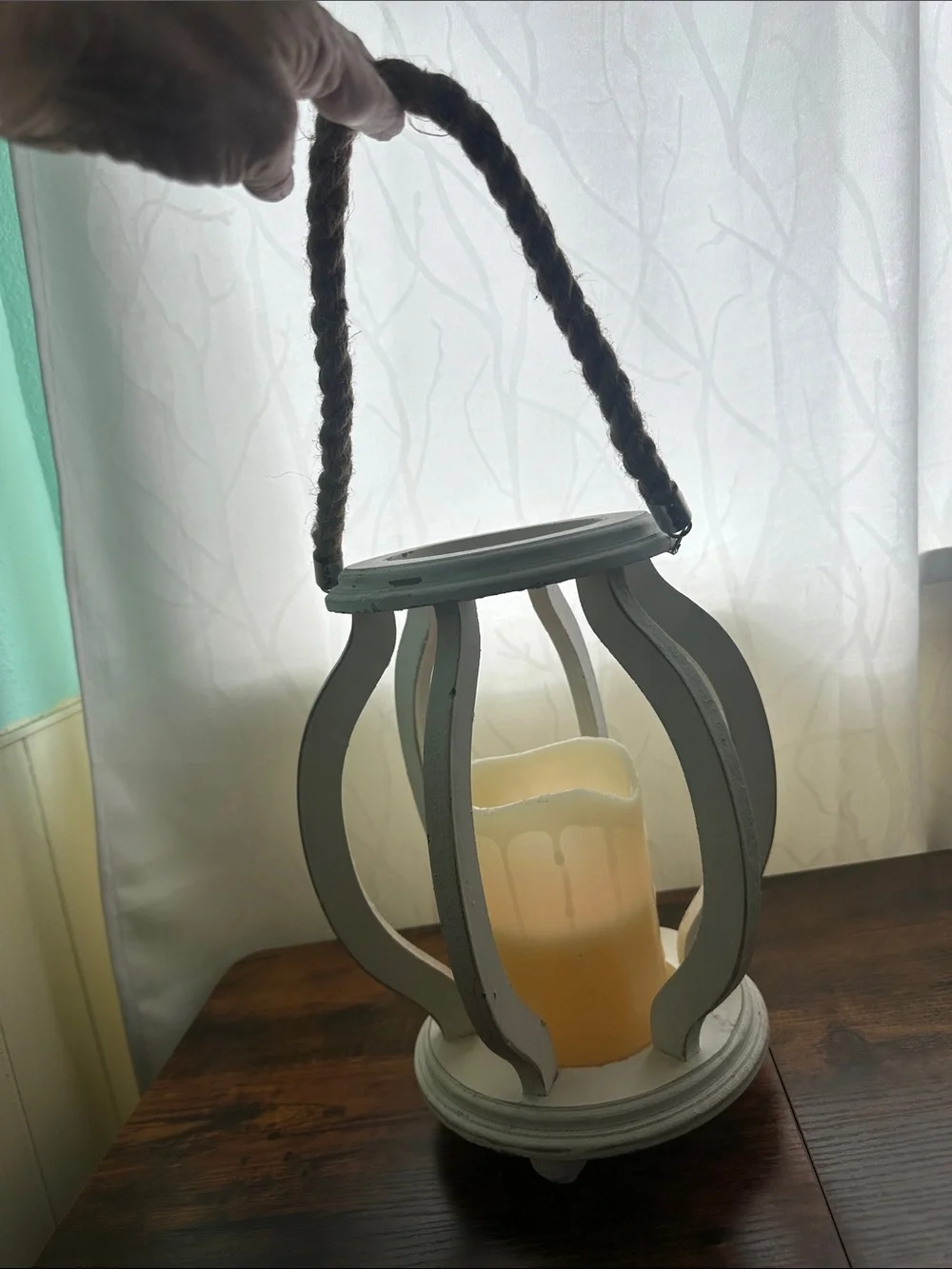 Charming Shabby Chic Distressed White Wooden Hanging Lantern with LED Candle